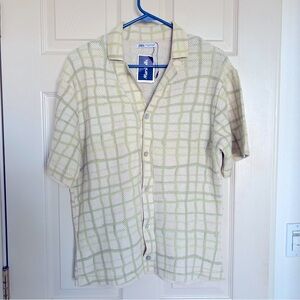 NWT Zara Button Shirt Mens M Cream Green Knit Crochet Sweater Polo Camp Collar